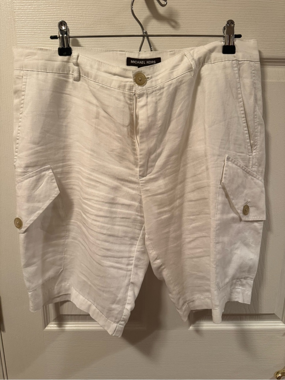 Michael Kors White Linen Cargo Shorts with Button Flap Pockets